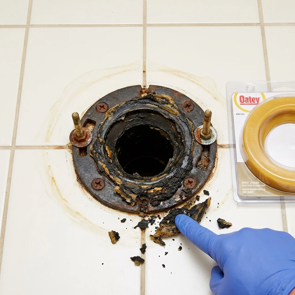 Failed wax ring showing water seepage at the base of a toilet in a Lyons, KS home