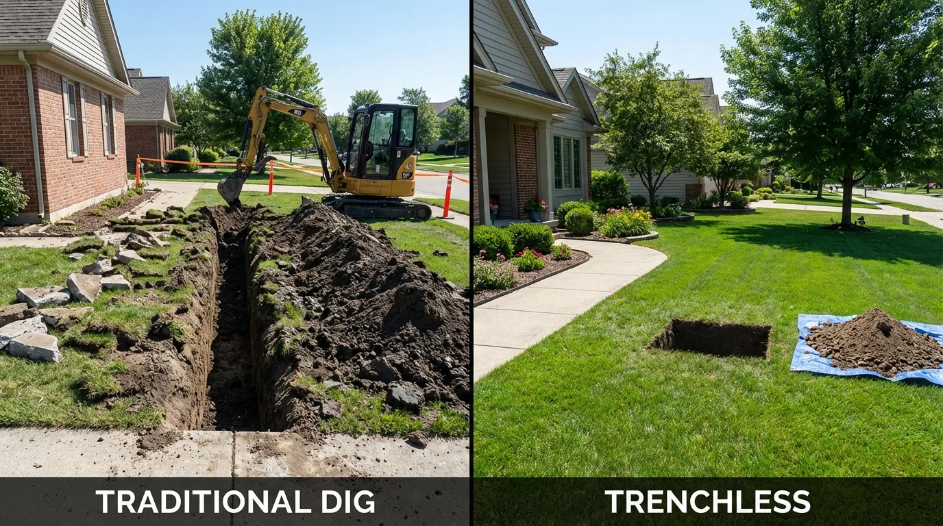 Trenchless sewer repair with minimal yard damage versus traditional excavation in Lyons, KS