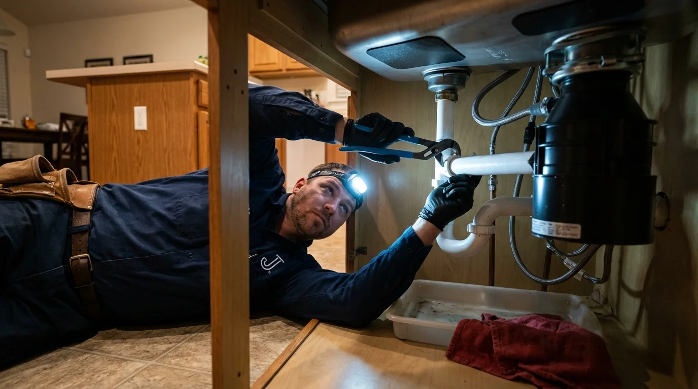P-trap and supply line connections under a kitchen sink showing a common leak point in Lyons, KS